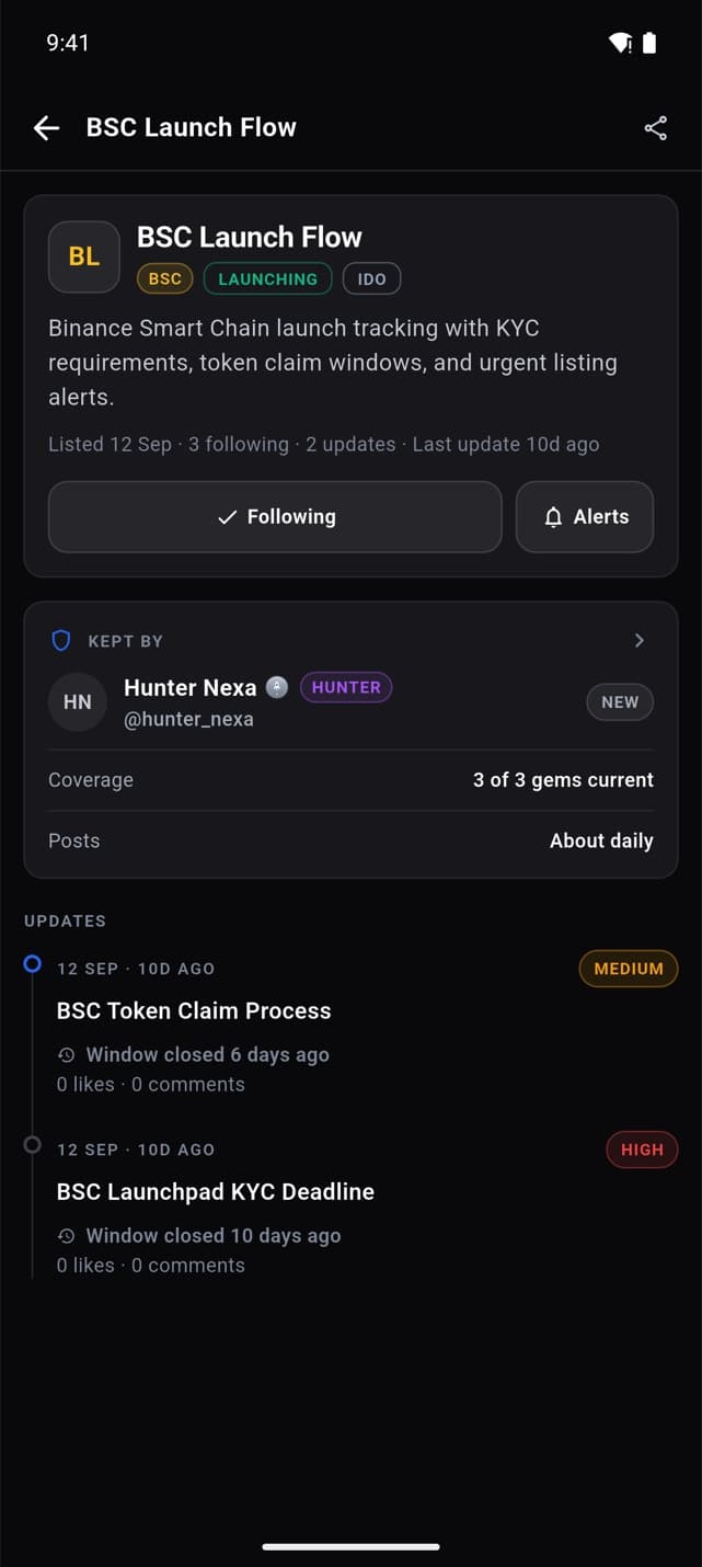 A gem page showing the hunter who keeps it, their coverage, and the dated update timeline.